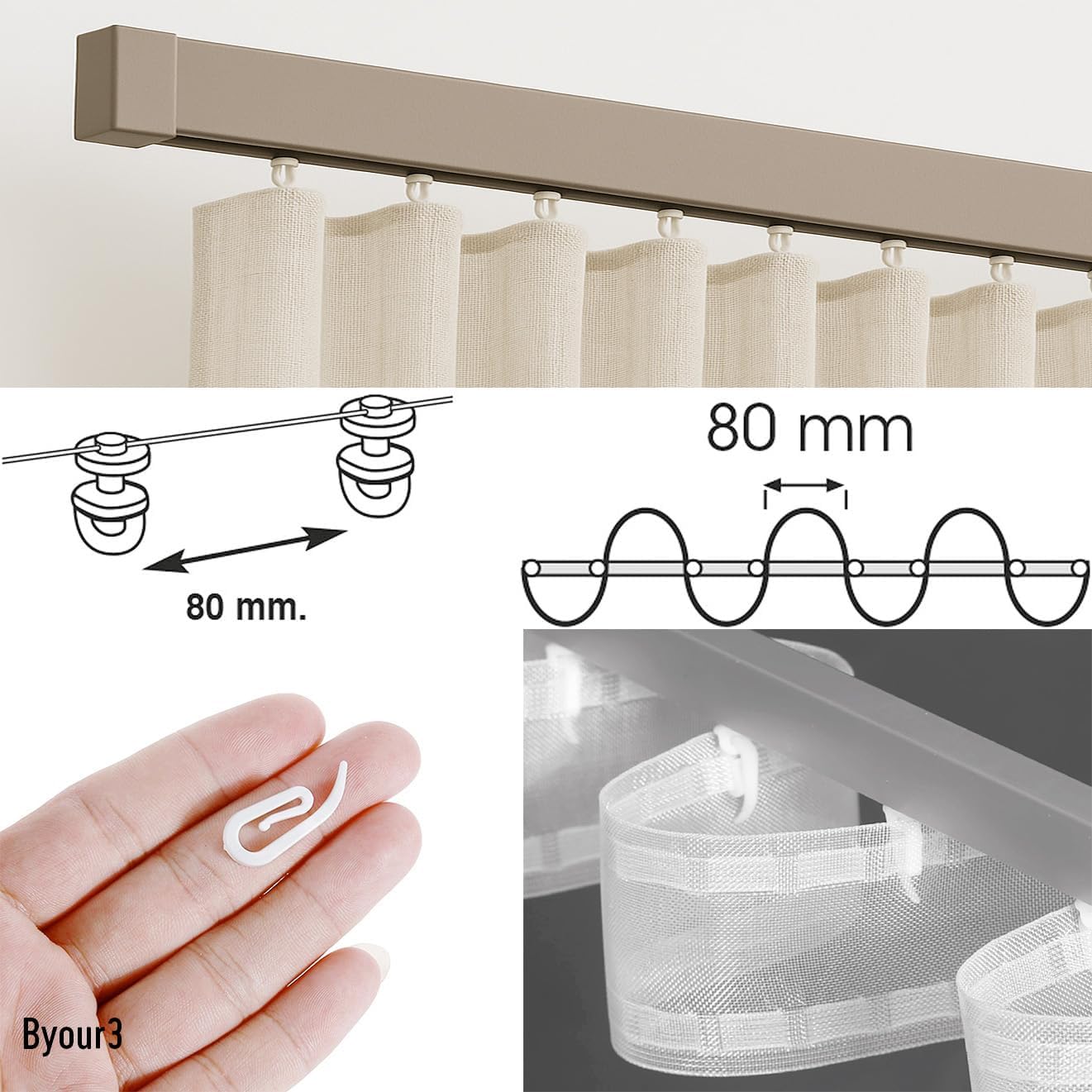 Barra per Tende a Onde Wave Binario Tenda a Soffitto a Parete SU MISURA - Binari per Tende Arricciate da Interno Bastone Piatto Alluminio - immagine 5